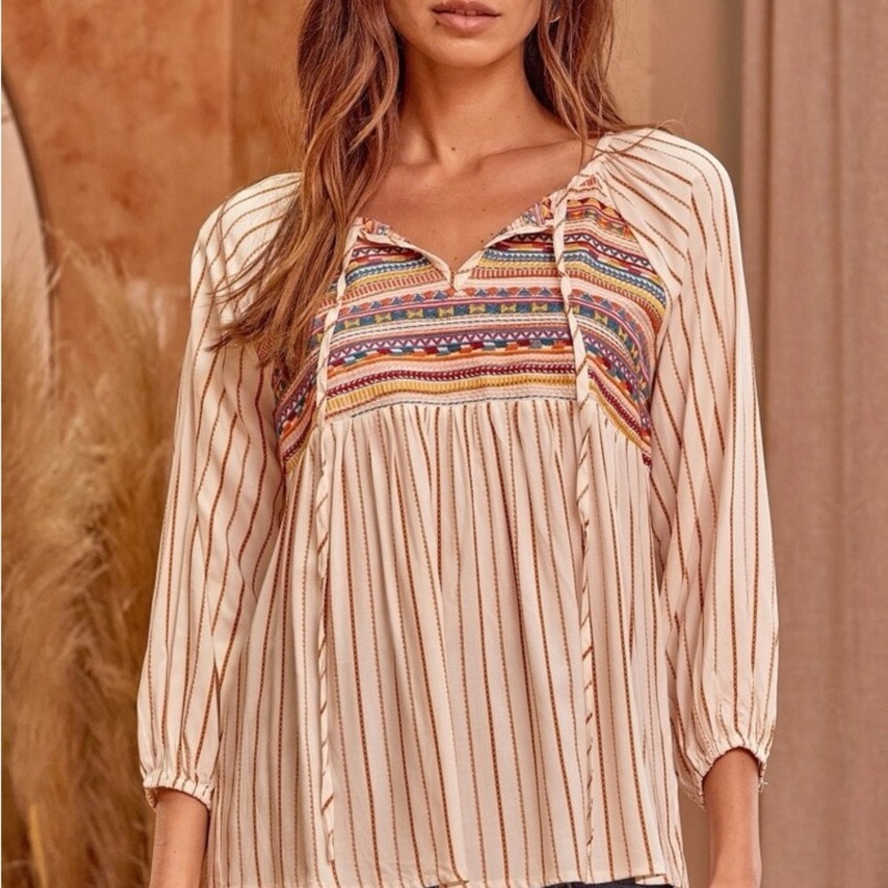New Savanna Jane Embroidered Tie Neck 3/4 sleeve Blouse Top
